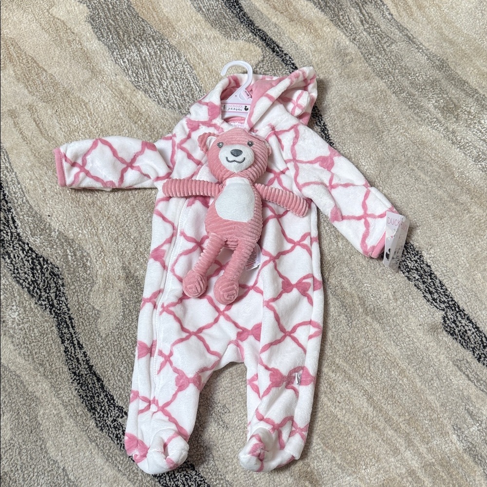 Pink and White One Piece Pram with Bear